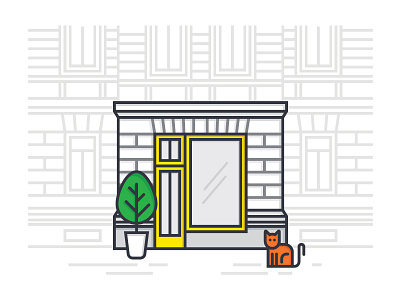 Facade building bush cat door glass house illustration pot wall window