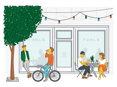 Cafe building coffee facade fixie illustration jacket man string lights table tree window woman