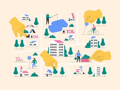 Citizen participation bicycle building character city dog fishing flat gardener hand house icon illustration lake map picnic playground road sign street tree vector