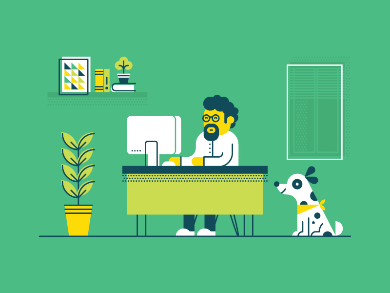 Workspace poster book window illustration flat man beard glasses dog plant computer desk