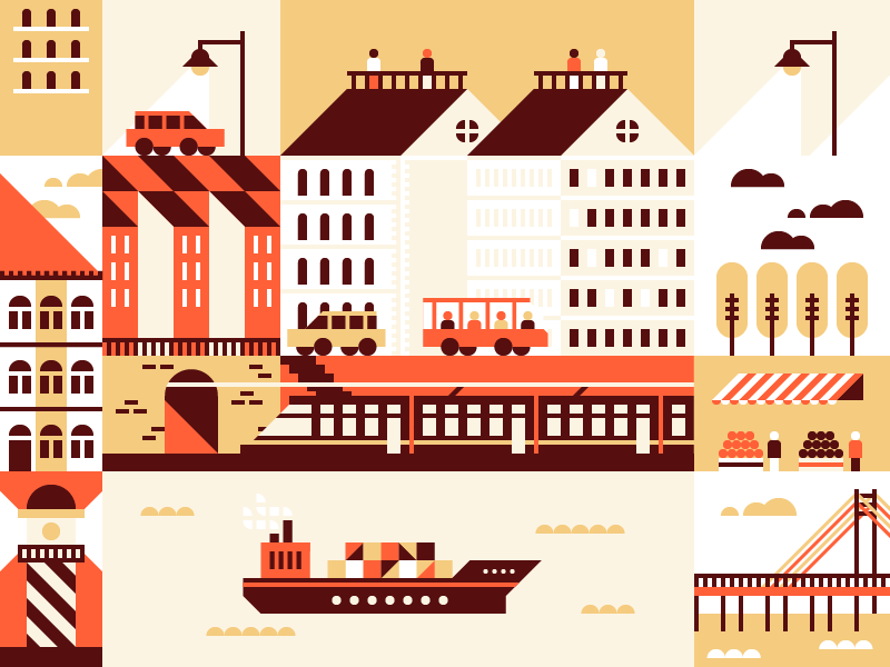 City bridge building car gif illustration lighthouse market ship street traffic train tree