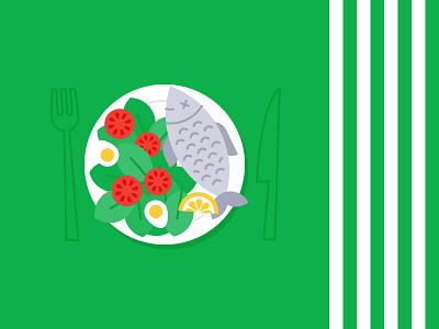Food dish egg fish flat fork illustration knife lemon plate salad seafood tomato