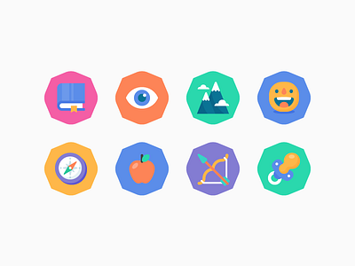 Fizmix - Level badges apple book bow and arrow compass emoji eye face flat icon set illustration mountain pacifier