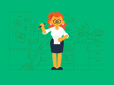 Edurio - Teacher apple character flat fridge groceries illustration kitchen line multitasking plant teacher vacuum cleaner