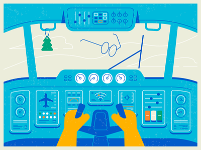 Airplane Cockpit air freshener aircraft airplane animation cabin cloud controls display flat flight deck glasses hands illustration line motion graphic sky steering steering wheel texture windshield wiper