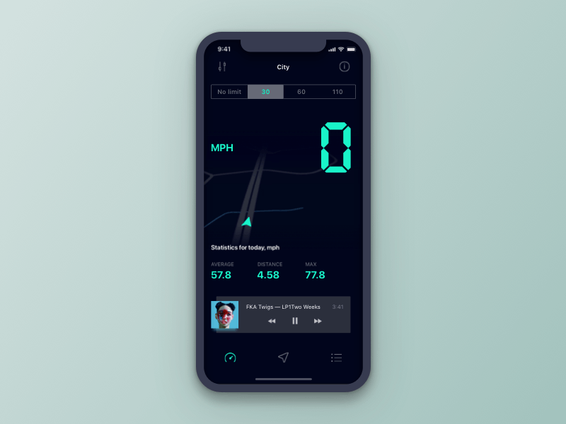 Speedometer animation app design interface ios map mobile motion music player ui ux