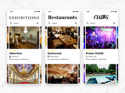 Where to have fun? app cards clubs design exhibition interface ios iphone mobile restaurants tiles typography ui ux