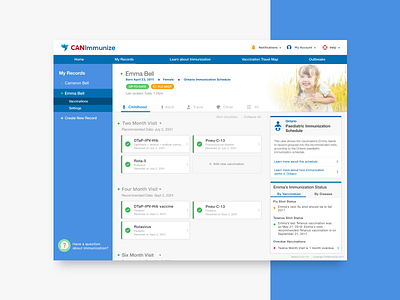 CANImmunize - Web account canada dashboard family healthcare immunizations medical mobile health record uiux vaccines web design