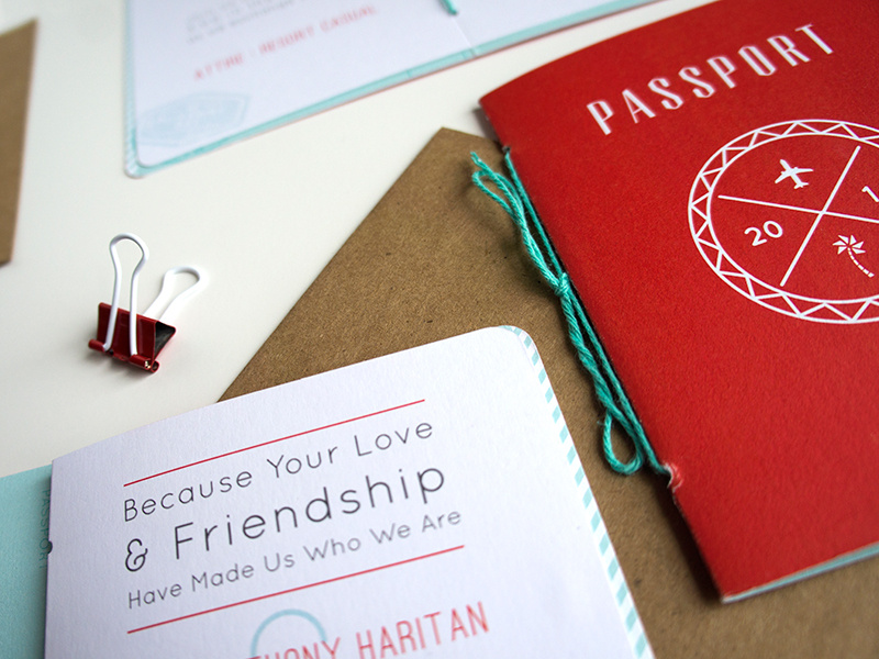 John + Chelsea's Punchy Passport Invitations invitations wedding passport design tropical typography sun stamp badge seal