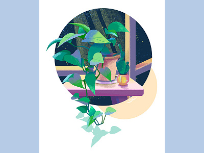 The corner of the night draw foliage greens illustration window