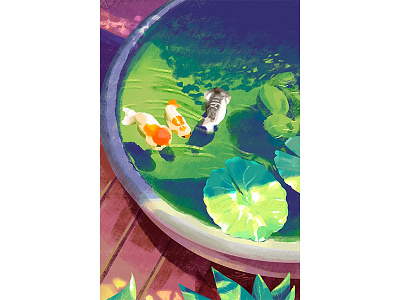 lotus and goldfish draw goldfish greens illustration summer sunshine