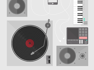 Music Illustration grey headphones illustration keyboard midi speakers vinyl web
