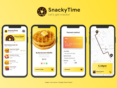 SnackyTime - Mobile App Design checkout credit card delivery app eat food app ios mobile app design mobile ui snacks
