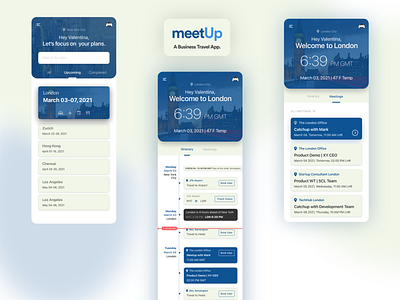 MeetUp - A Business Travel App itinerary location meetup mobile app design mobile ui travel ui ux