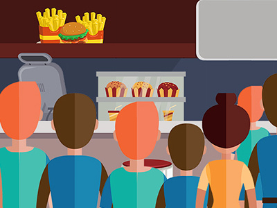 A snapshot of a cafeteria burger cafeteria colorful crowded flat design fries lunch