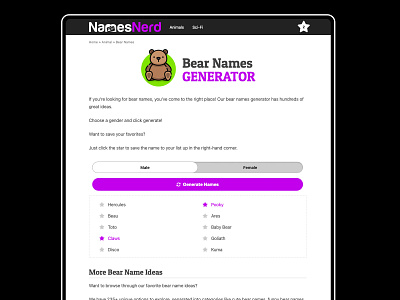 NamesNerd - Name Generator animals bear design generator pets product design ui ux web design