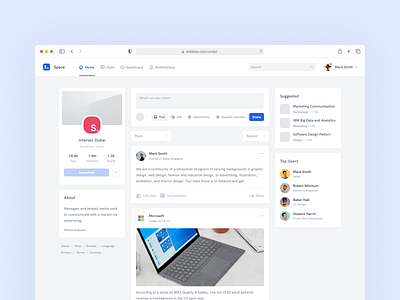 Community page ui design account analytics article cards clean design feed form fourm group infinity scroll job members minimal modern network news post social timeline