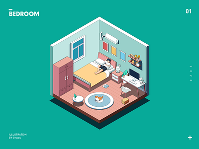 Bedroom bed bedroom computer desk home illustration imac isometric livingroom phone