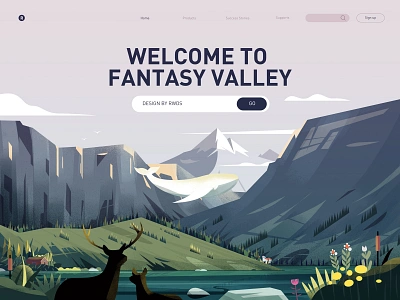 Valley art deer fish hill hills illustration landingpage landscape mountain river scenery valley whale