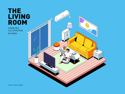 Living room article blog cover editorial illustration isometric ps rest room slack sofa tv vector
