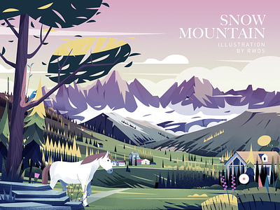 Snow Mountain horse house illustration landscape mountain snow mountain town tree