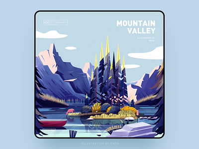Mountain boat deer hill hills illustration landscape mountain mountains river scenery tree valley