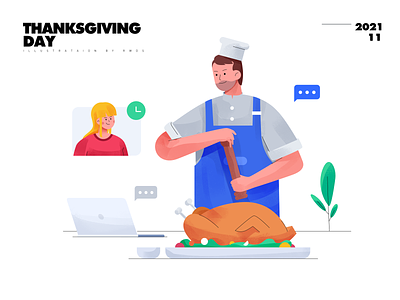 Thanksgiving day body buisiness chicken geek bot illustration man office partner remote video team teamwork thanksgiving day vector