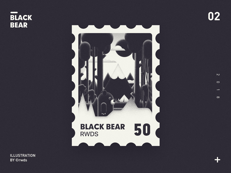 Black bear landscape illustration tree mountain stamp bear