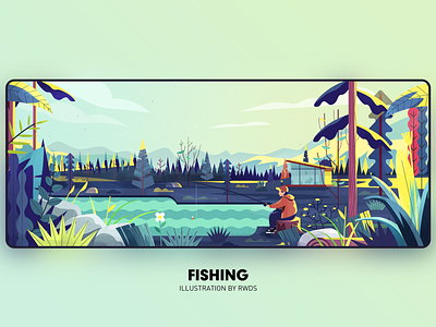 Fishing fish fishing illustration landscape mountain ps tree vector