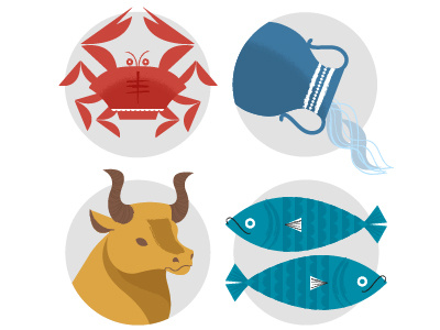 Zodiac Partial Set set zodiac fish pisces bull taurus water aquarius crab cancer illustration