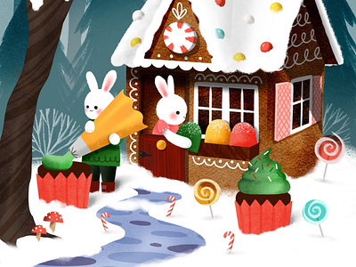 Sweet tooth bunnies bunnies candy christmas colorful gingerbread holidays house illustration vintage whimsical