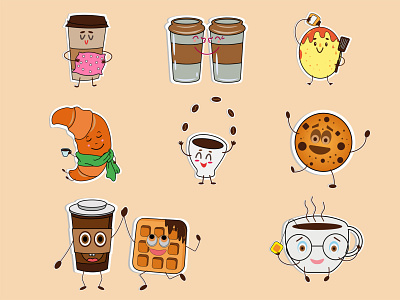 Coffee stickers caramel cartoon character chocolate coffee coffee beans cookies croissant emotions face funny happy icon illustration love pancake sticker stickers vector waffle