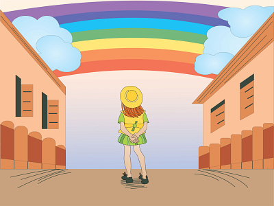 Girl looking at the rainbow beautiful beauty cartoon child city happy house illustration nature outdoors people person road sky street summer vector walking woman young