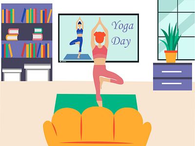 Yoga day active activity adult aerobic asana balanced beautiful beauty body cartoon character coronavirus girl practice quarantine sport stay home training yoga yoga pose