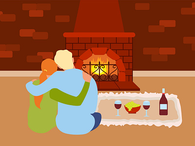 Romantic dinner cartoon couple cozy day evening family fire fireplace grapes happy home hugging illustration man relax romantic sitting valentine warm wine