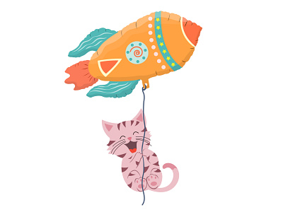 Cute cat flies on a balloon adorable animal ballon cards cartoon cat creative cute fly joyful pastel poster rocket shuttle space spaceship striped travel trip vector