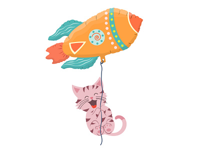 Cute cat flies on a balloon