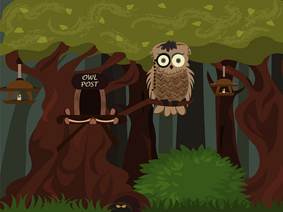 Owl in the forest animal art beautiful bird character darkness eyes face foliage ground hole home monocle owl post security spring talon travel wing