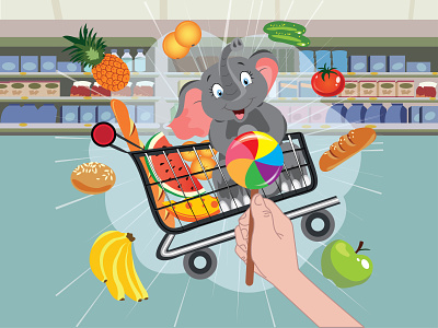 Smile little elephant rides in a cart bananas buy cart concepts cucumbers cute decoration fruit hand market products purchase shelves shop sitting supermarket supermarket cart supermarket interior supermarket shelves yellow