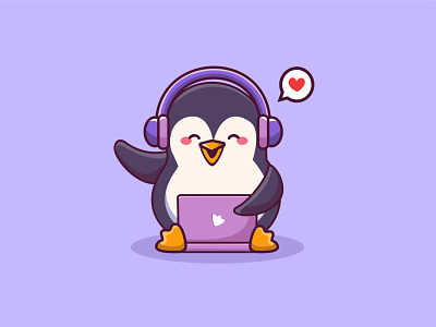 cute penguin with headphone working on a laptop icon cartoon laptop penguin penguin cartoon penguin vector working