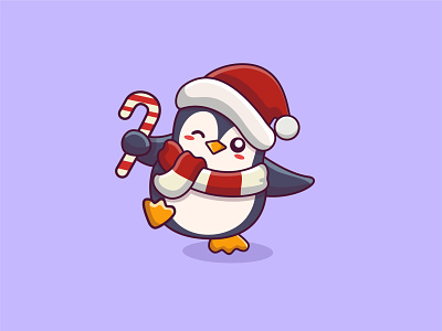 penguin cartoon dancing with candy cane and christmas hat