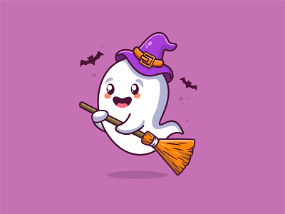 Halloween ghost with broom illustration brom cute design cute ghost design ghost graphic design hallooween illustration logo pumpkin witch hat