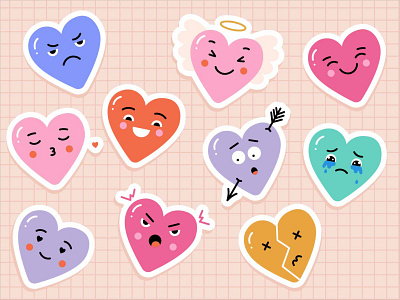 Emotional hearts stickers comic