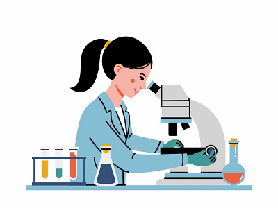 Female doctor using microscope in a laboratory analysis assistant biology chemist doctor female flask glassware illustration lab laboratory medicine microscope research science test trendy tube vector woman