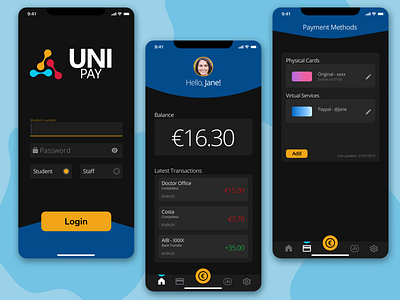 University Payment App - UNI Pay app banking dark dark app design flat graphic design logo mode modern payment typography ui university ux vector