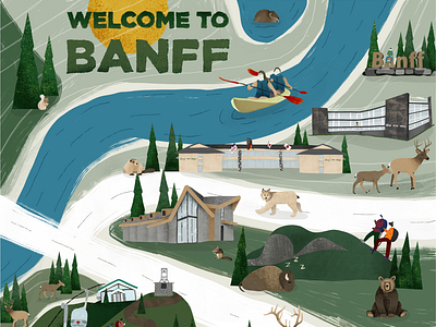 Welcome to Banff adobefresco banff banff national park design graphic design graphic map illustrated map illustration landscape map mountain illustration mountain town