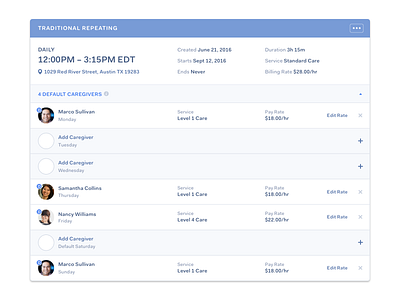 Default Caregivers date duration location schedule shifts time