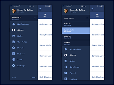 Location Filters - Mobile care clients filters location menu mobile navigation notifications payroll settings side nav team