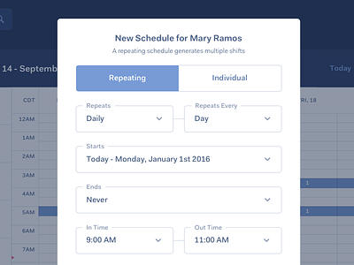 New Schedule Modal date duration location schedule shifts time