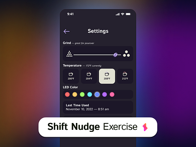 Settings View for Smart Coffee Cup and Grinder System dark dark mode mds mobile product design shift nudge